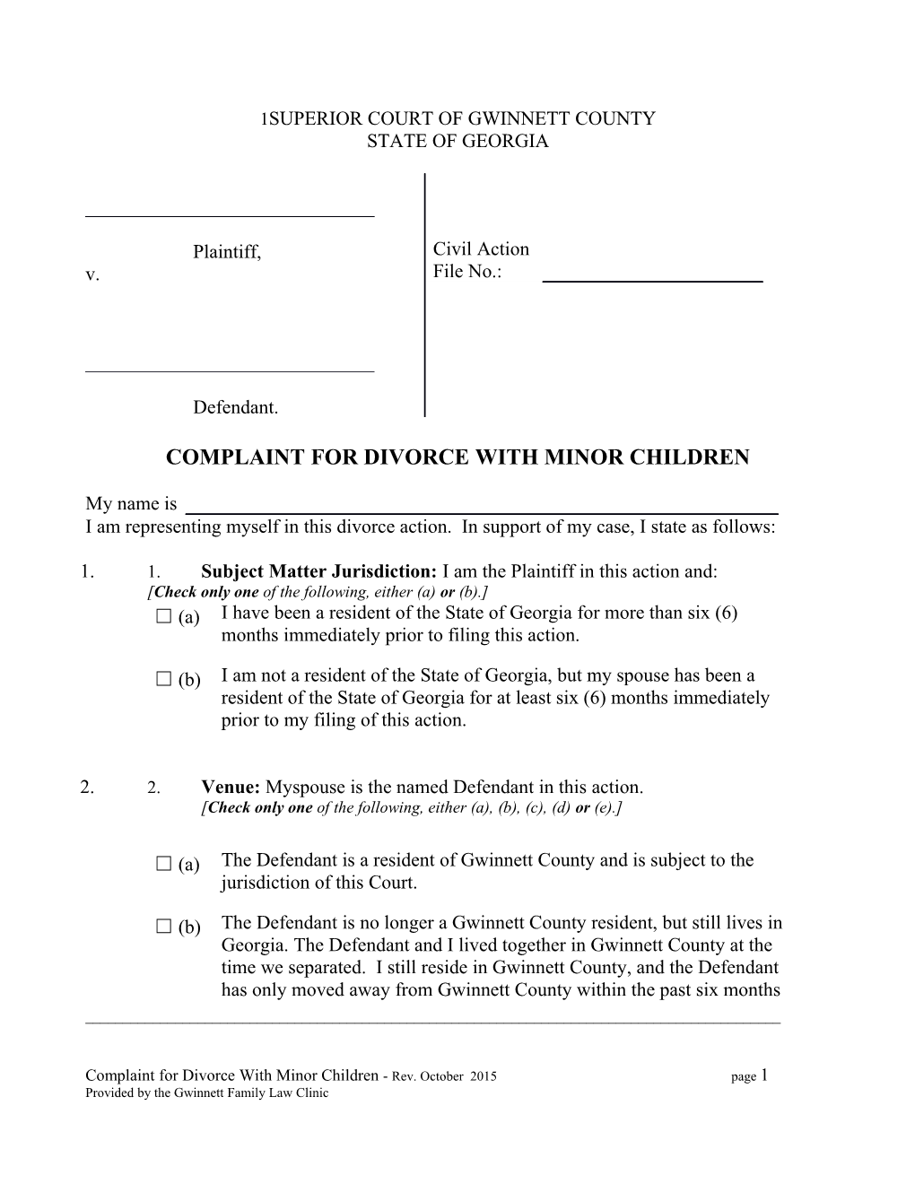 Complaint for Divorce with Minor Children