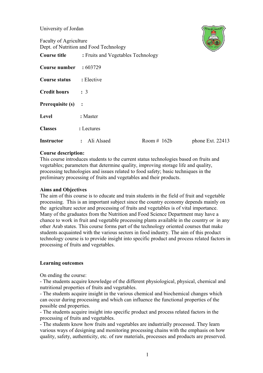 Course Title : Fruits and Vegetables Technology