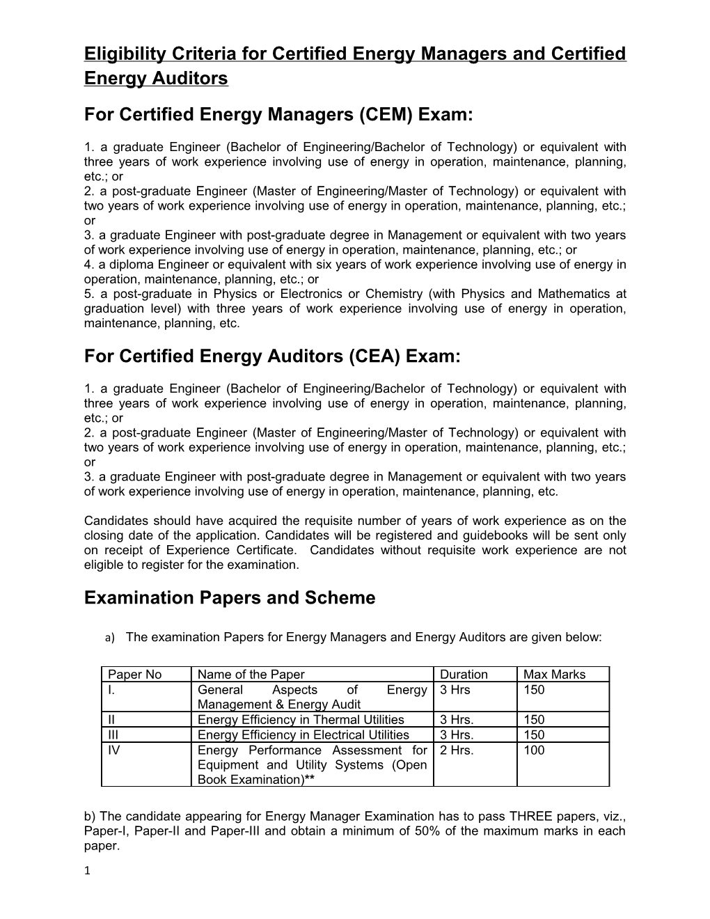 Eligibility Criteria for Certified Energy Managers and Certified Energy Auditors