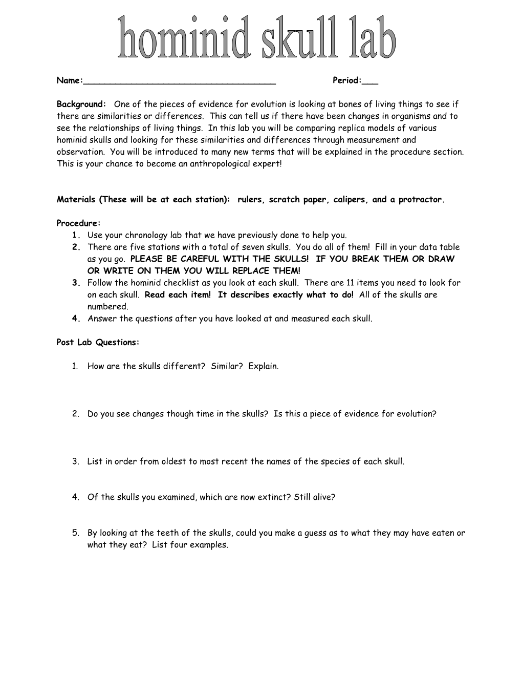 Hominoid Skull Comparison Checklist