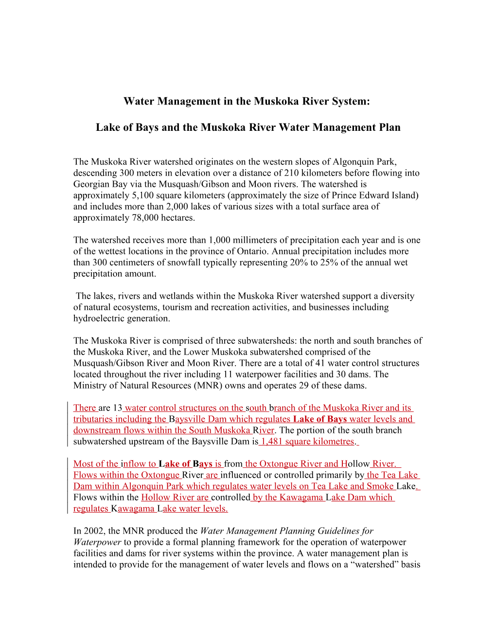Water Management in the Muskoka River System