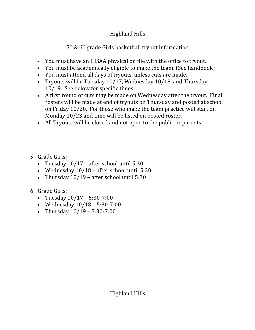 5Th & 6Th Grade Girls Basketball Tryout Information