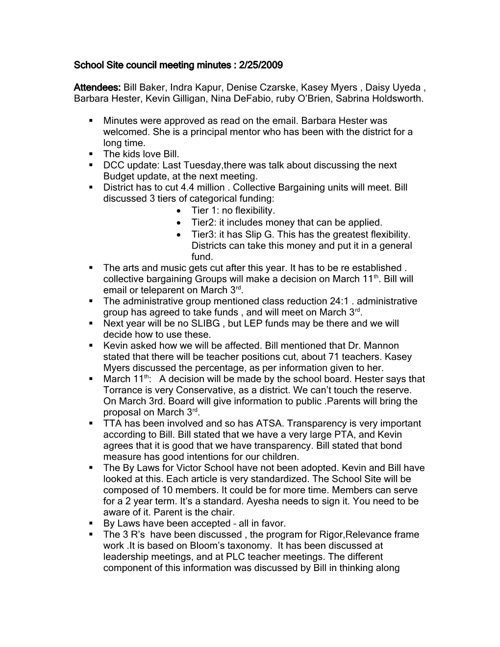 School Site Council Meeting Minutes : 2/25/2009