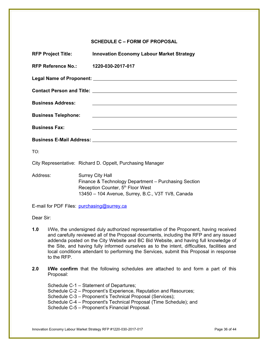 Schedule C Form of Proposal