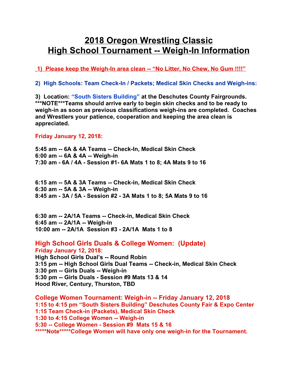 High School Tournament Weigh-In Information
