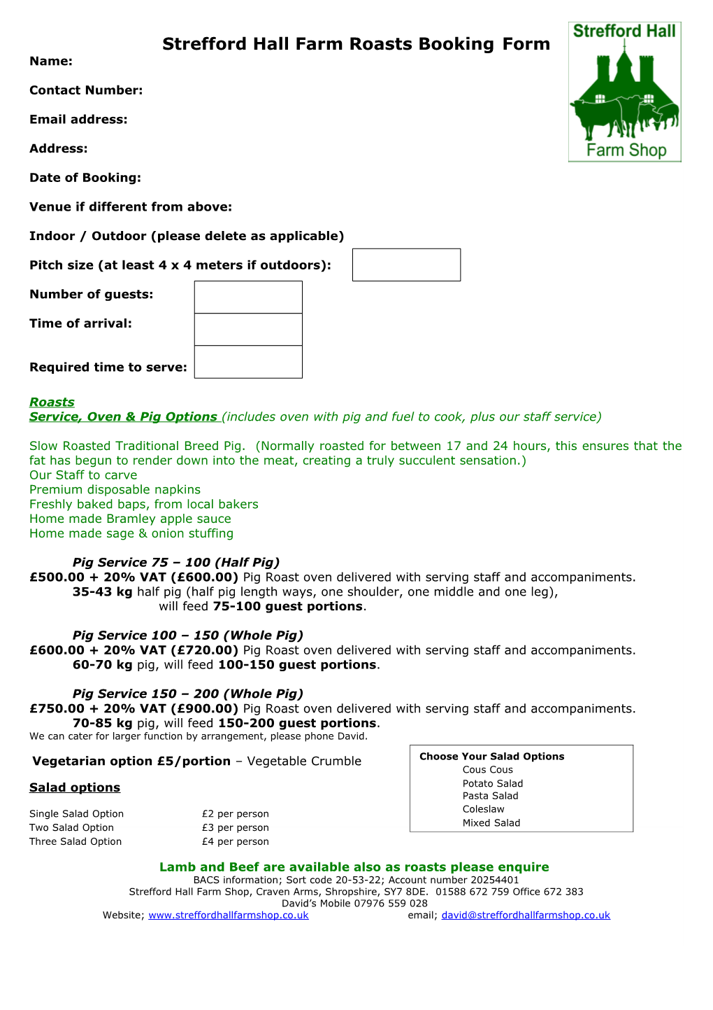 Strefford Roasts Booking Form