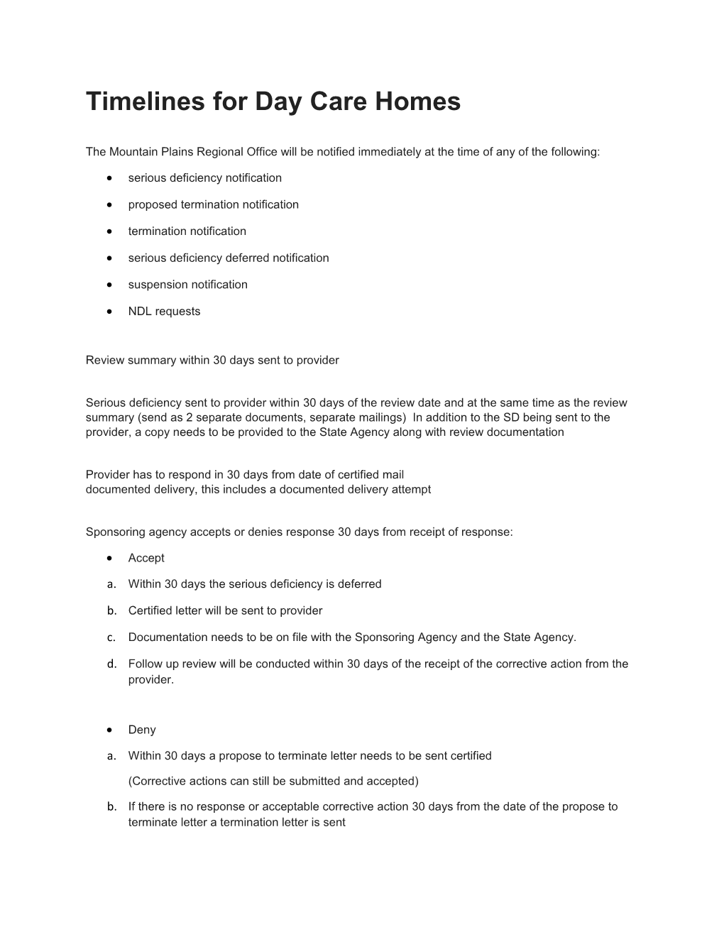 Timelines for Day Care Homes