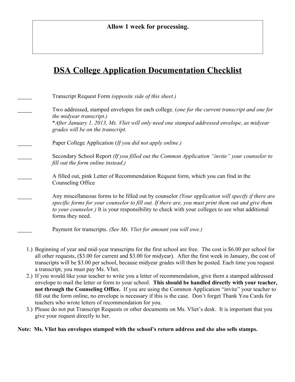 Transcript Request Checklist