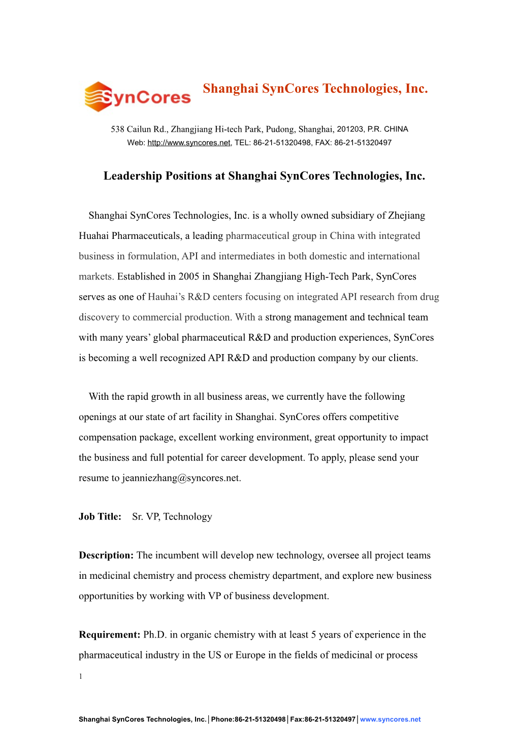Leadership Positions at Shanghai Syncores Technologies, Inc