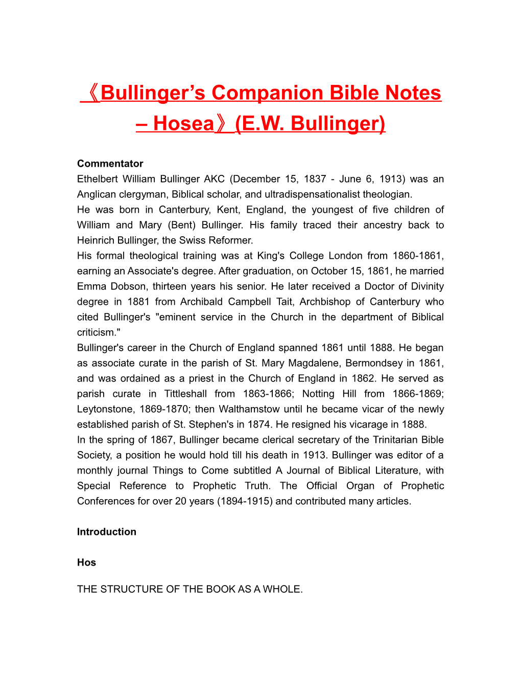 Bullinger S Companion Bible Notes Hosea (E.W. Bullinger)