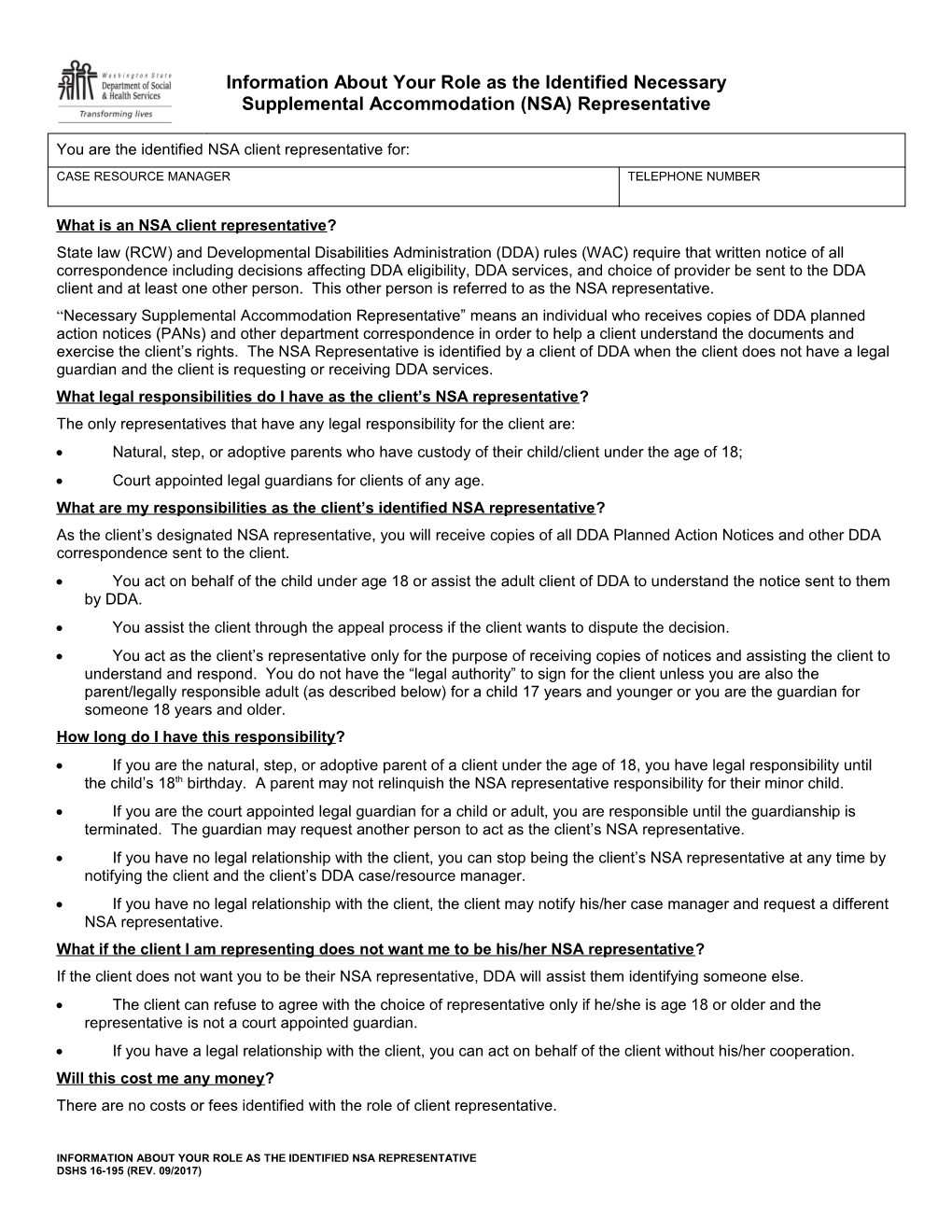 Information About Your Role As the Identified Necessary Supplemental Accommodation (NSA)