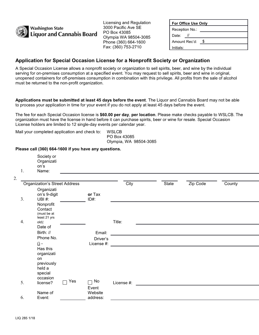 Application for Special Occasion License for a Nonprofit Society Or Organization
