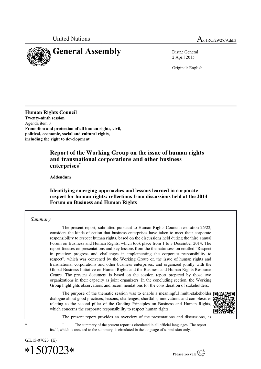 Report of the Working Group on the Issue of Human Rights and Transnational Corporations