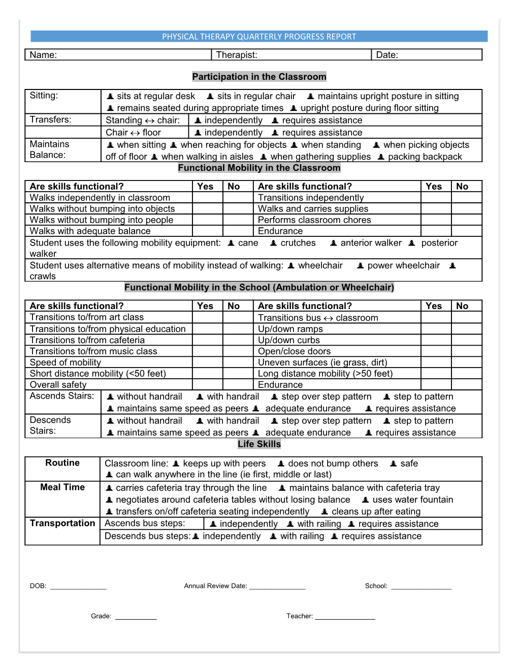 PT SKILLS at School CHECKLIST