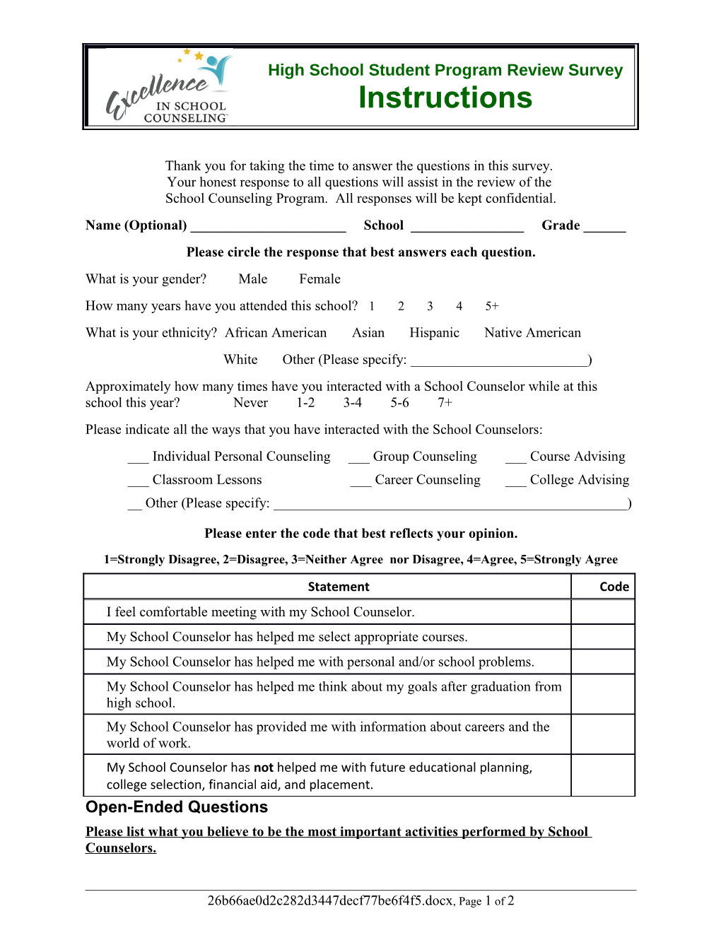 High School Student Program Review Survey