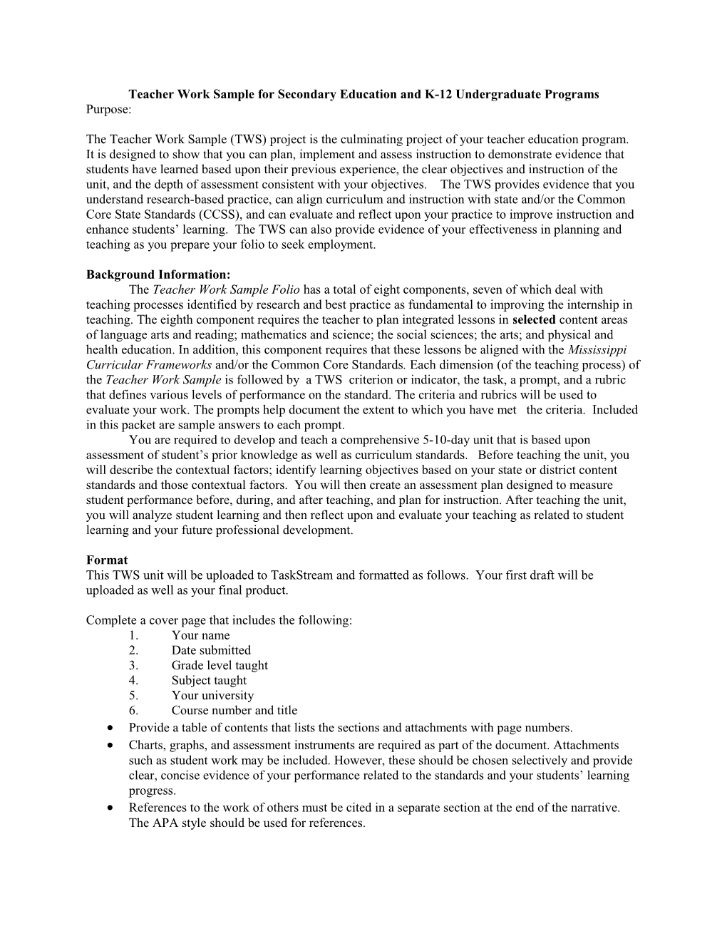 Teacher Work Sample for Secondary Education and K-12 Undergraduate Programs