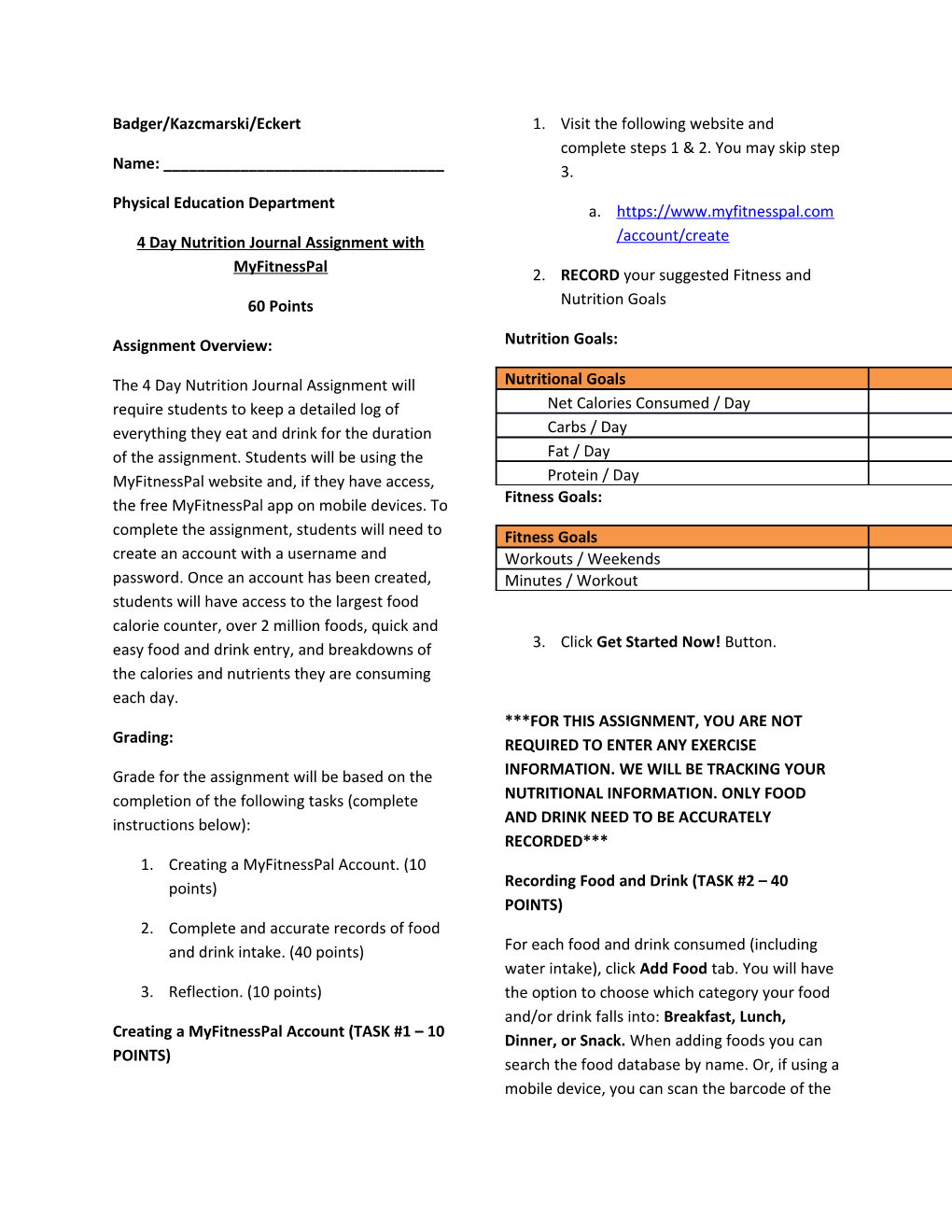 4 Day Nutrition Journal Assignment with Myfitnesspal