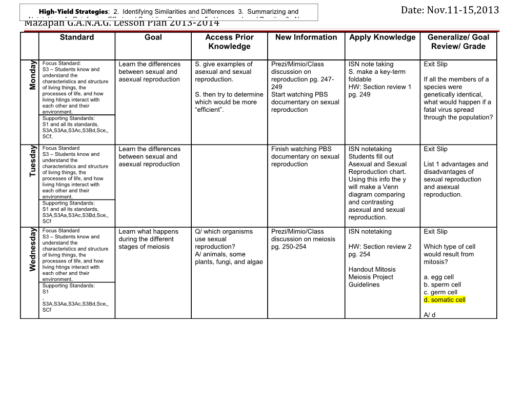 Teacher: E. Vásquezsubject: Biologydate:Nov.11-15,2013