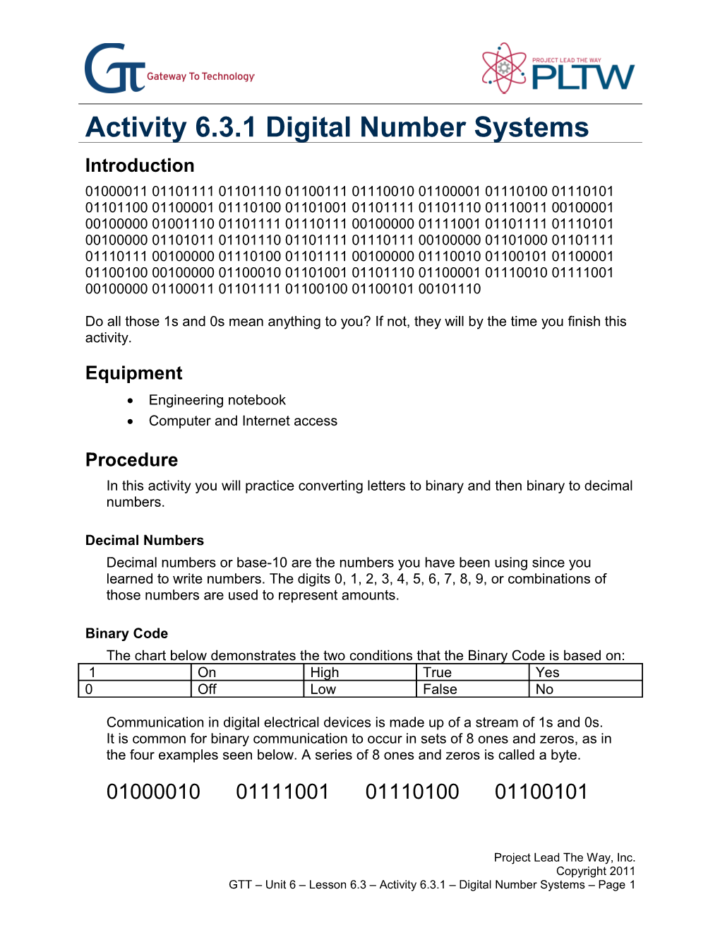 Activity 6.3.1 Digital Number Systems