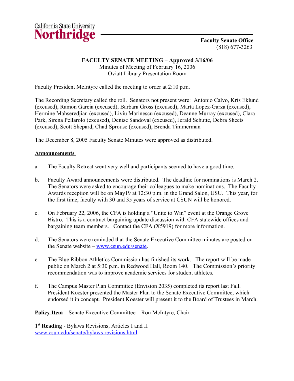 FACULTY SENATE MEETING Approved 3/16/06