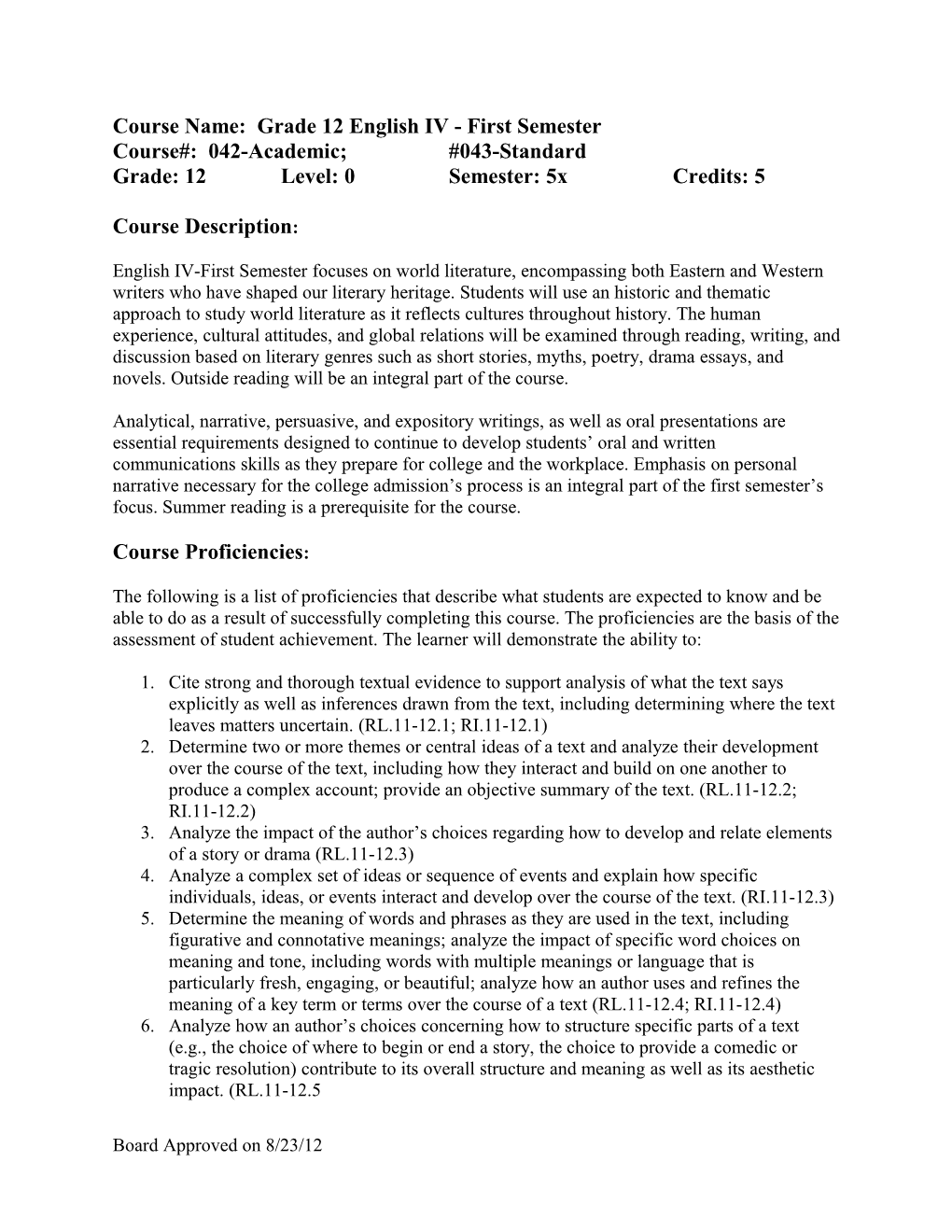 Grade 12 Proficienicies/CCCS