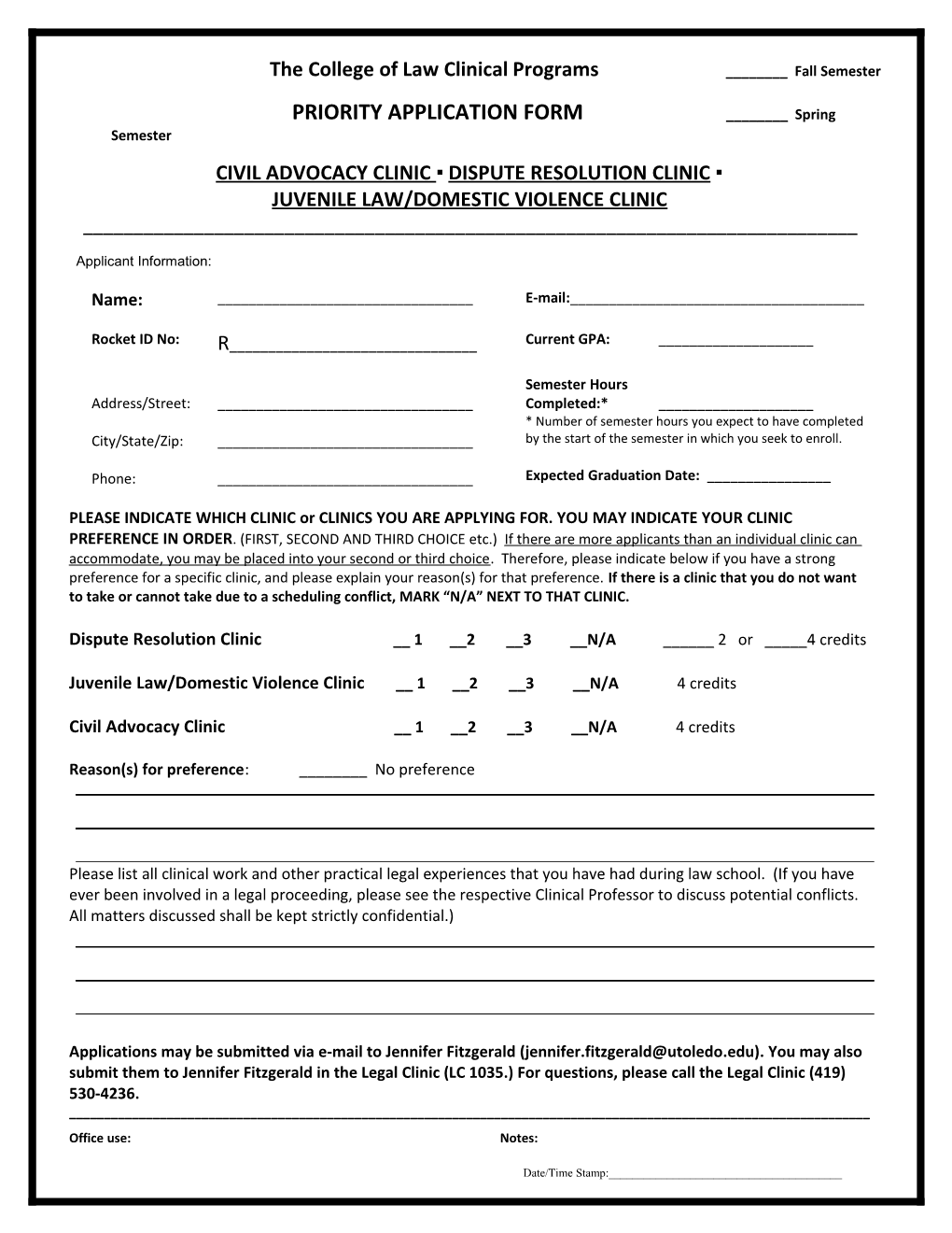 College of Law Legal Clinic Application