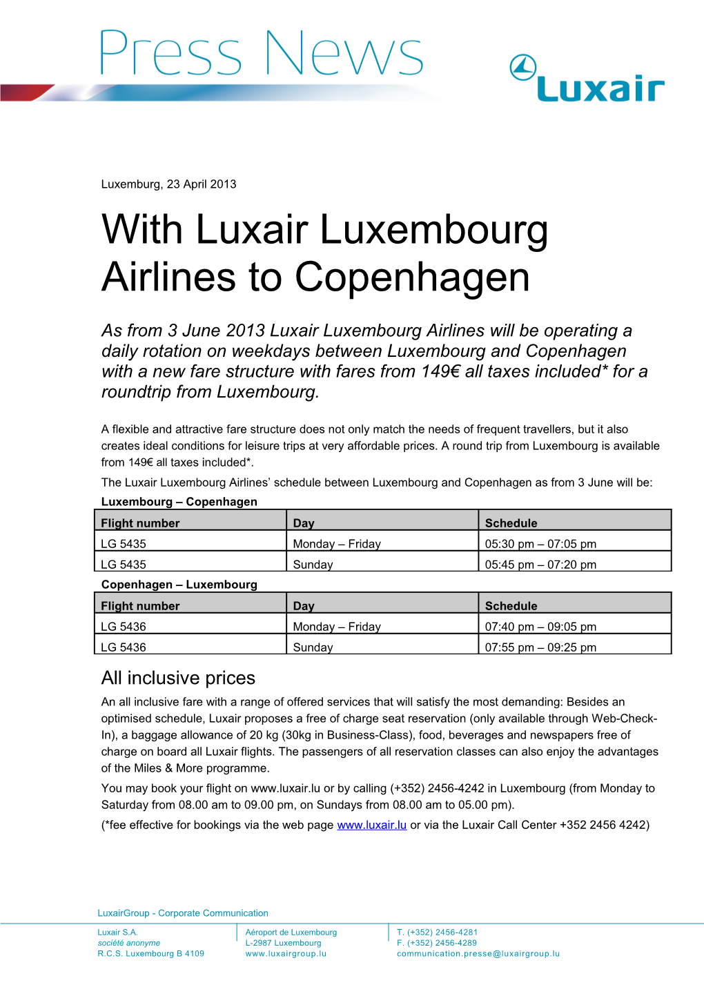 With Luxair Luxembourg Airlines to Copenhagen