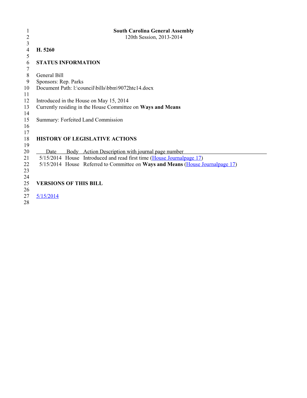 2013-2014 Bill 5260: Forfeited Land Commission - South Carolina Legislature Online