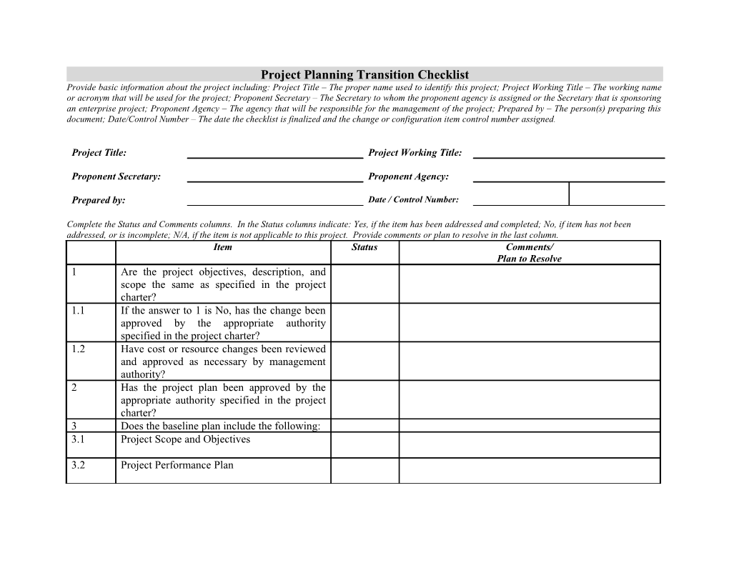 Project Planning Transition Checklist