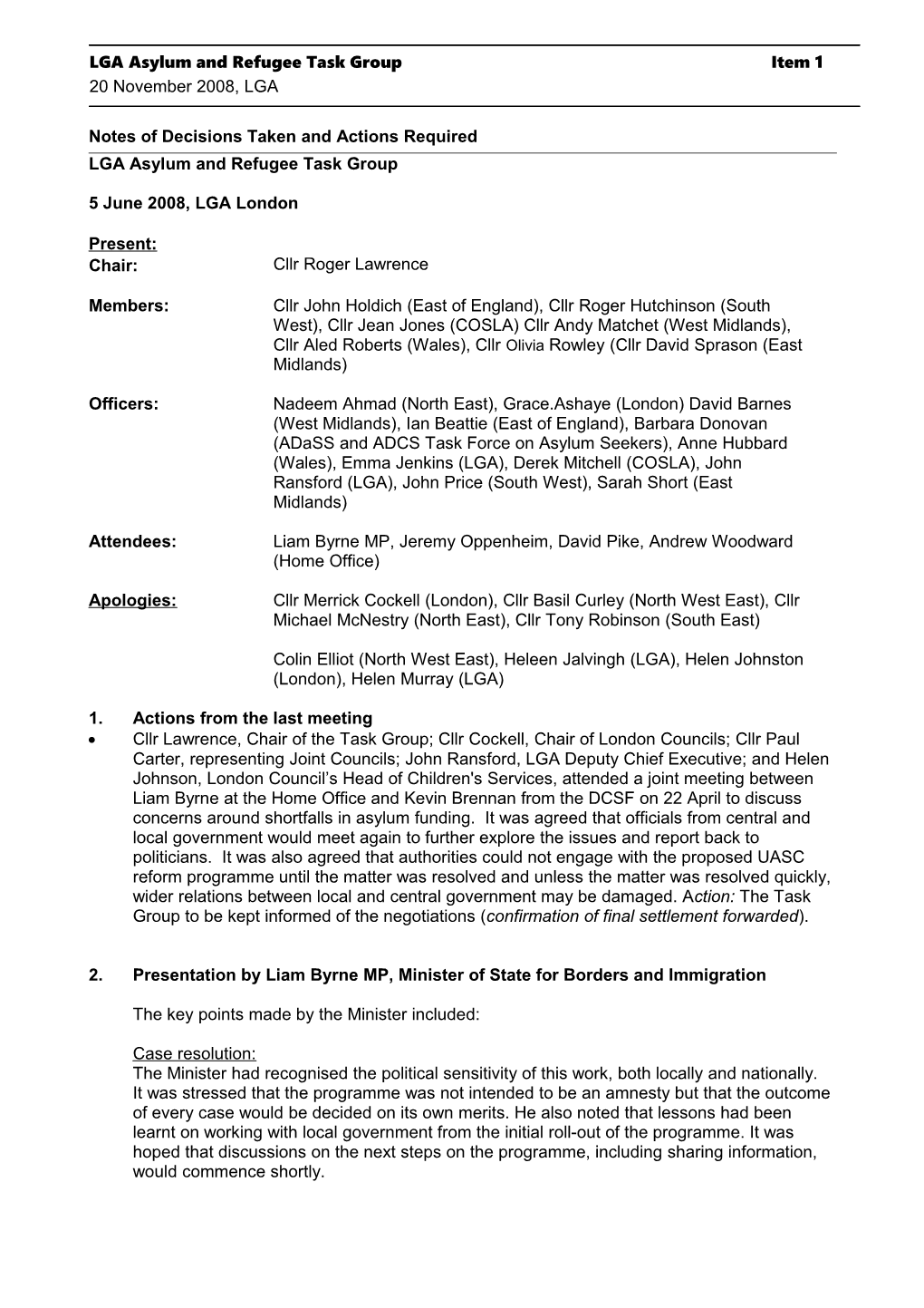 LGA Asylum Task Group 5 June 2008 Action Points
