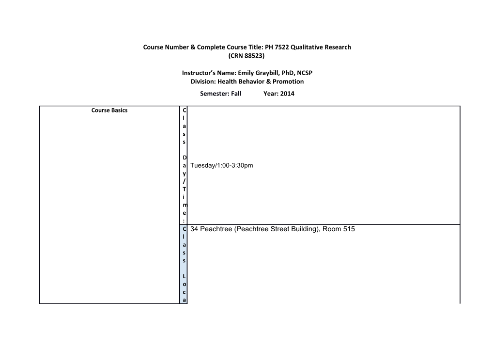 Course Number & Complete Course Title: PH 7522 Qualitative Research