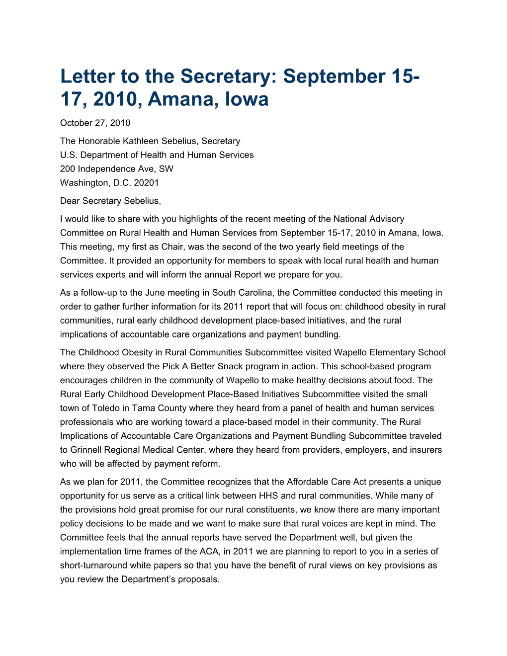 Letter to the Secretary: September 15-17, 2010, Amana, Iowa