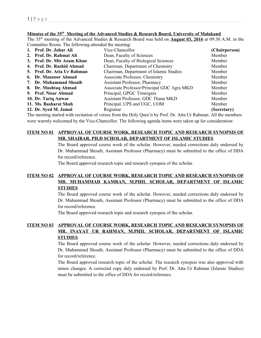 Minutes of the 35Th Meeting of the Advanced Studies & Research Board, University of Malakand