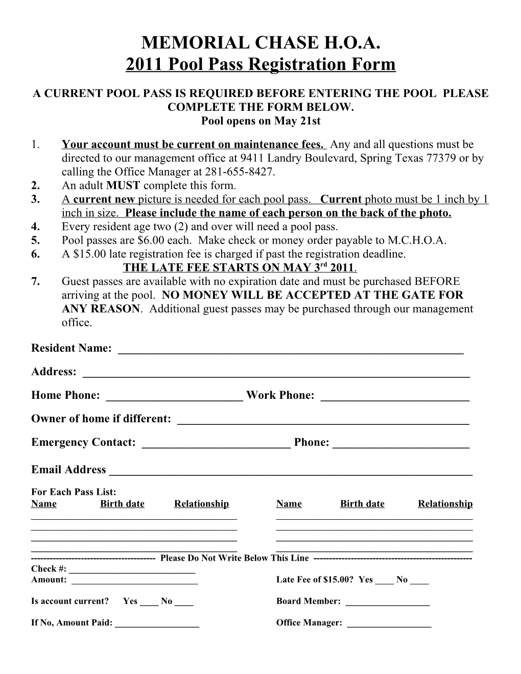 2011 Pool Pass Registration Form