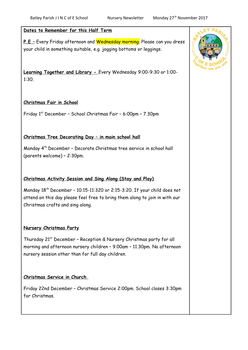 Batley Parish J I N C of E School Nursery Newsletter Monday 27Th November 2017