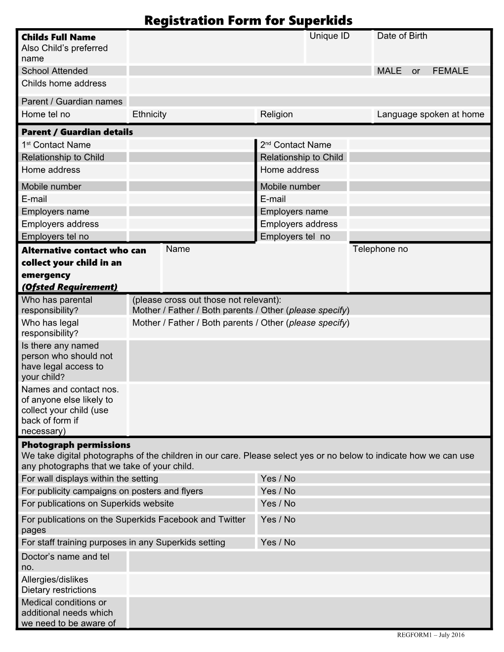 Registration Form for Superkids out of School Club