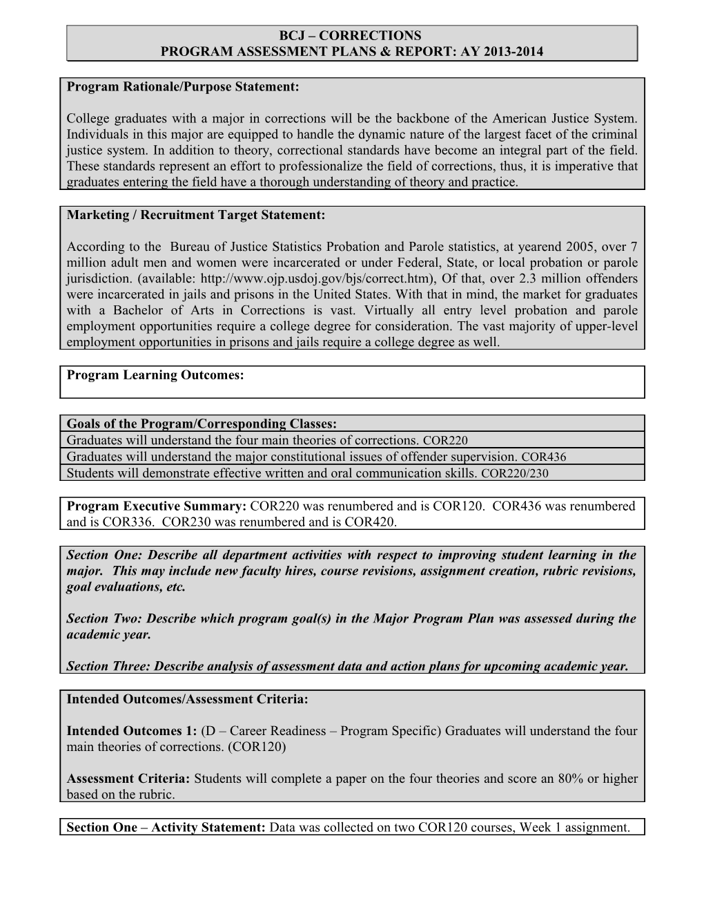 Program Assessment Plans & Report: Ay 2013-2014