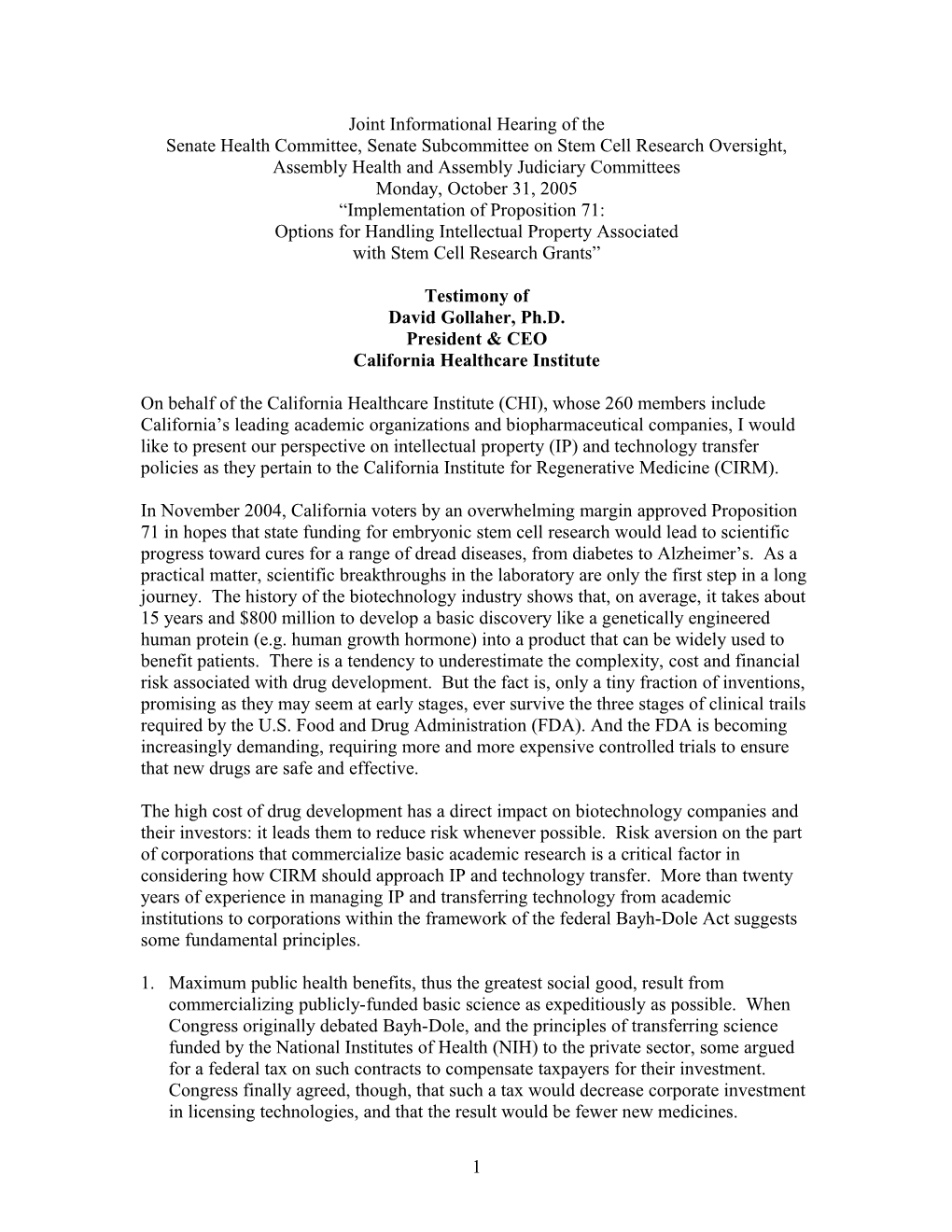 Testimony for 10/31/05 Senate Health IP Hearing