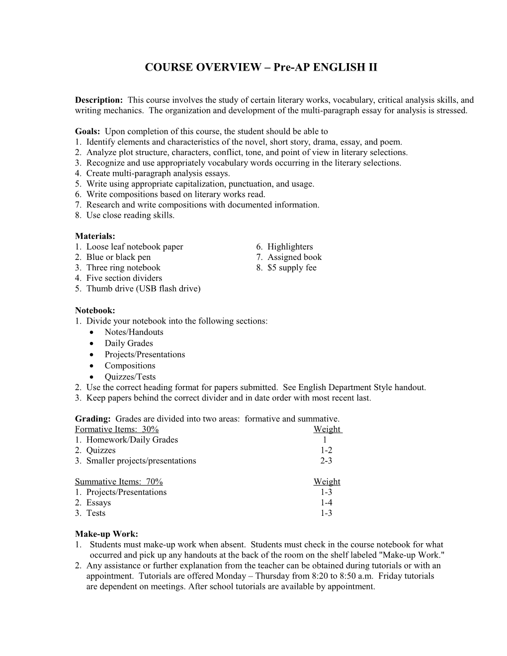 COURSE OVERVIEW ENGLISH IIA Pre-AP