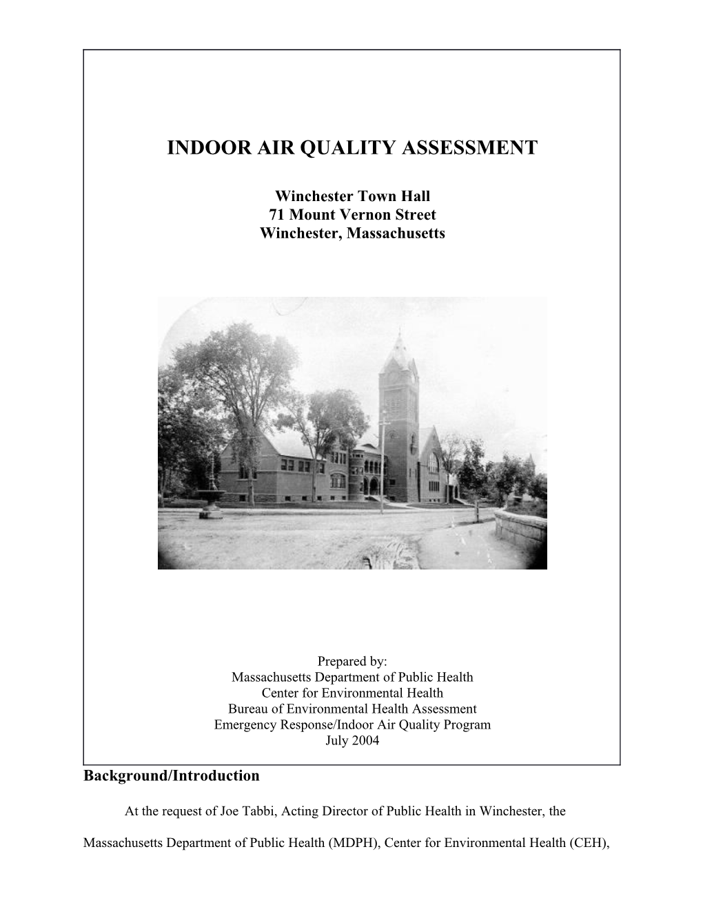 Indoor Air Quality Assessment - Winchester Town Hall - July 2004