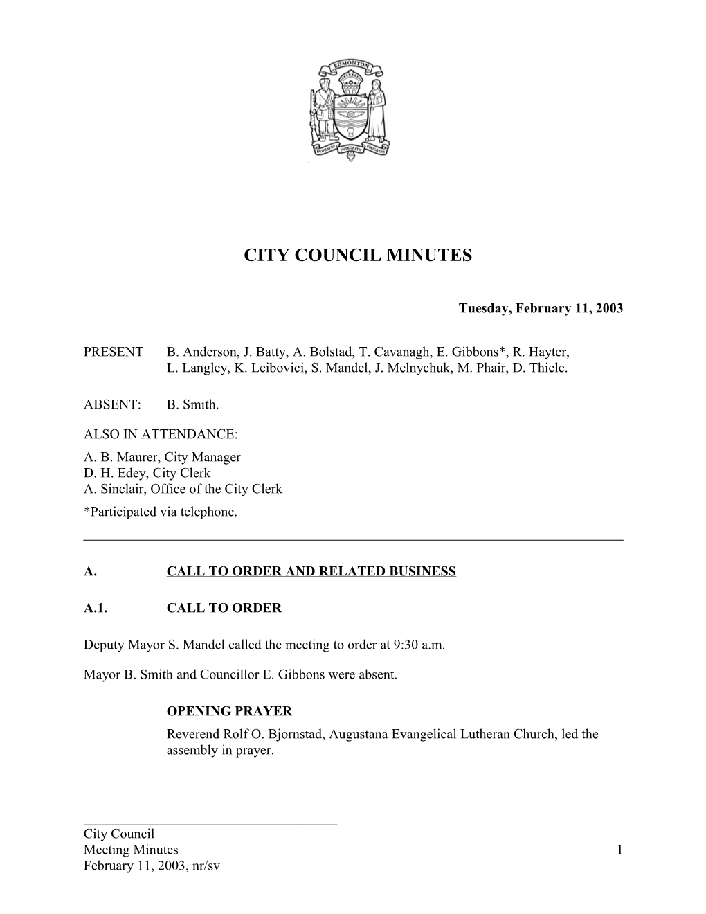 Minutes for City Council February 11, 2003 Meeting