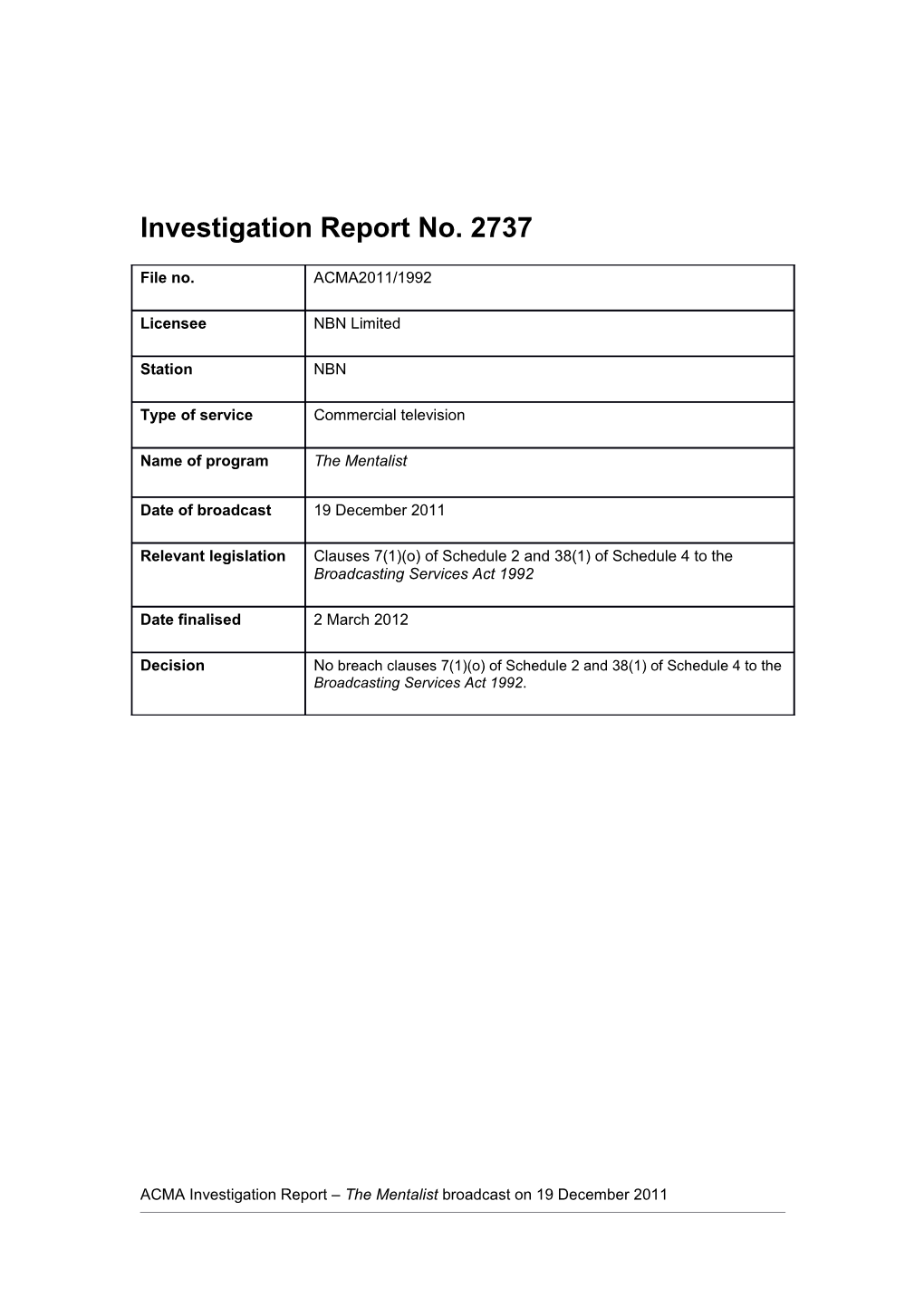 NBN - ACMA Investigation Report 2737