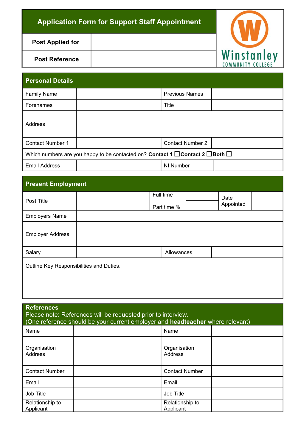 Application Form for Teaching and Head Teacher Appointment