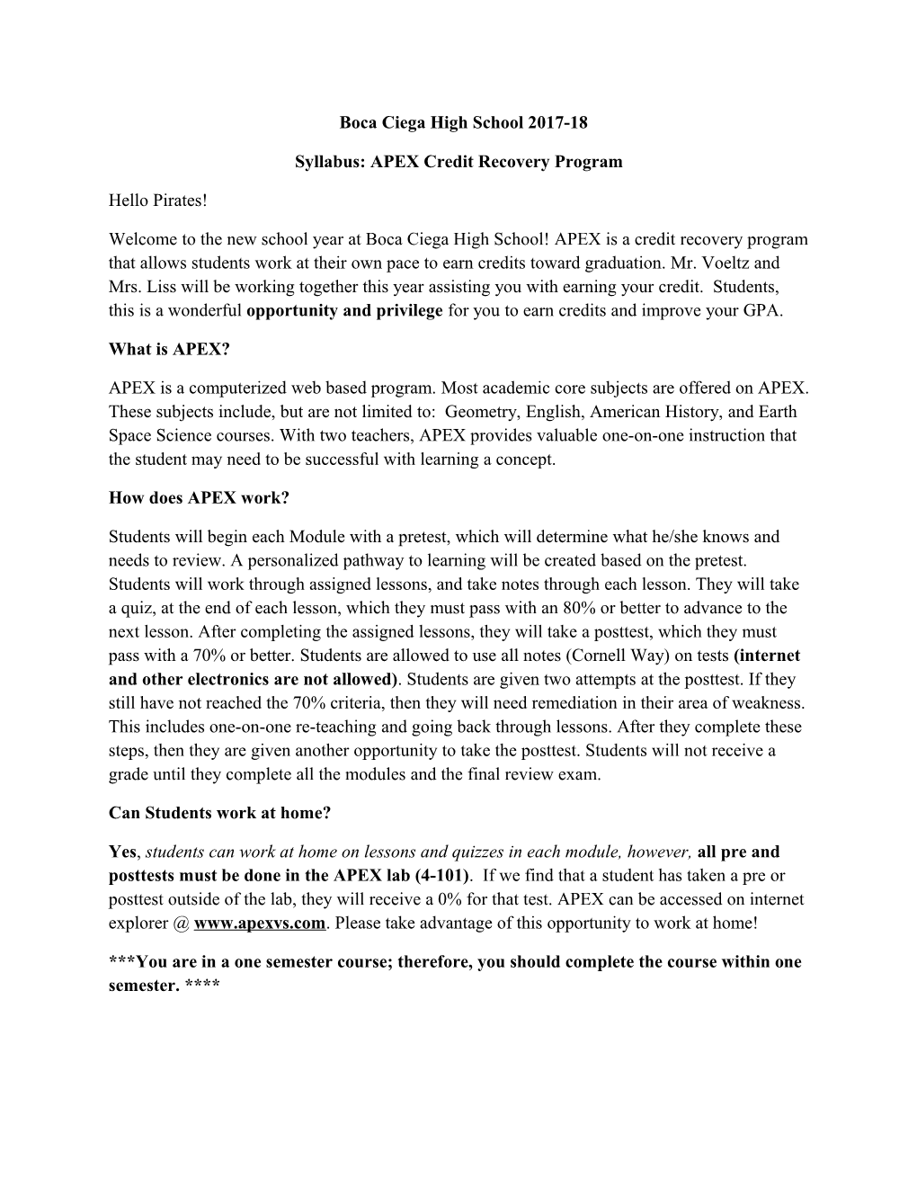 Syllabus: APEX Credit Recovery Program