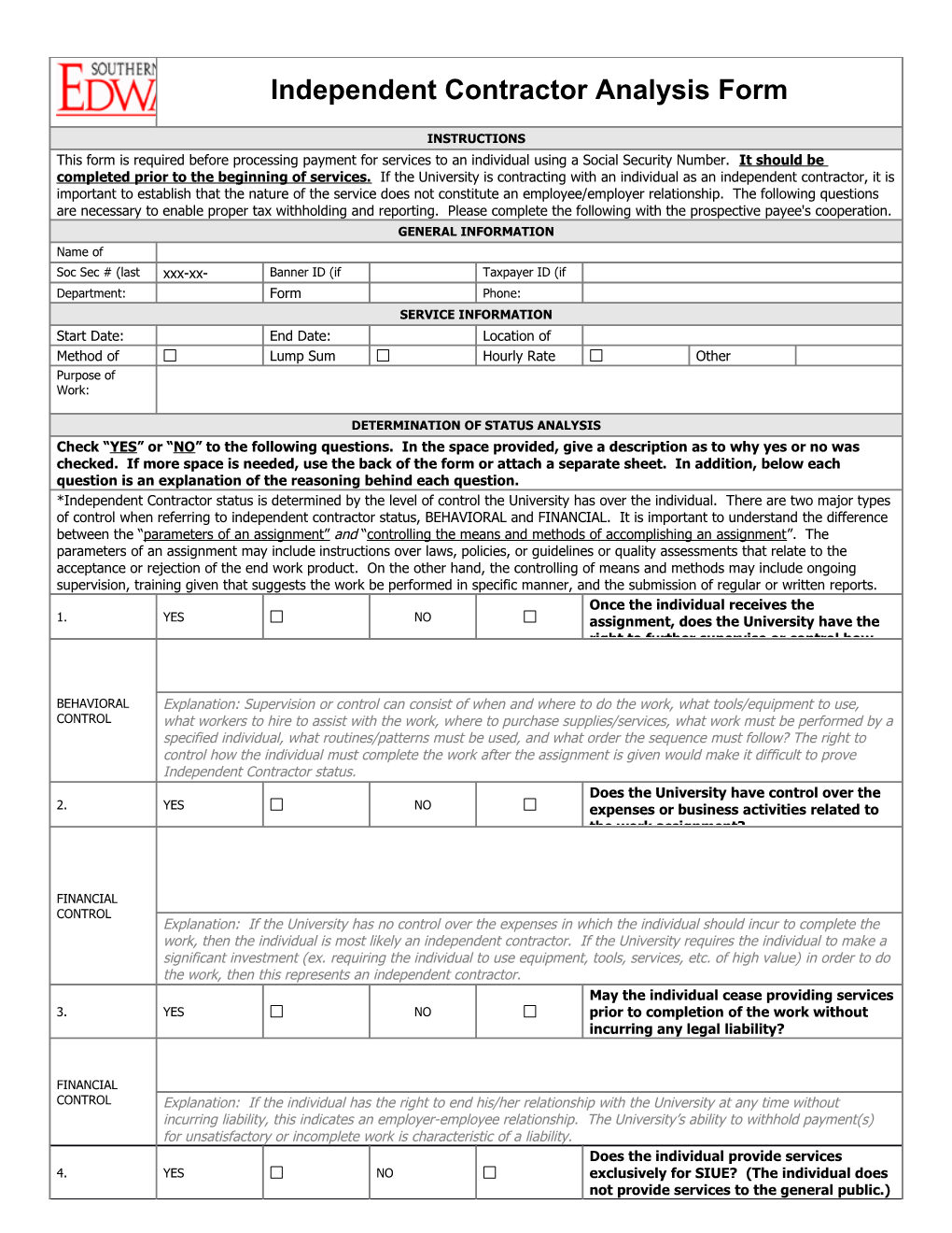 Independent Contractor Analysis Form