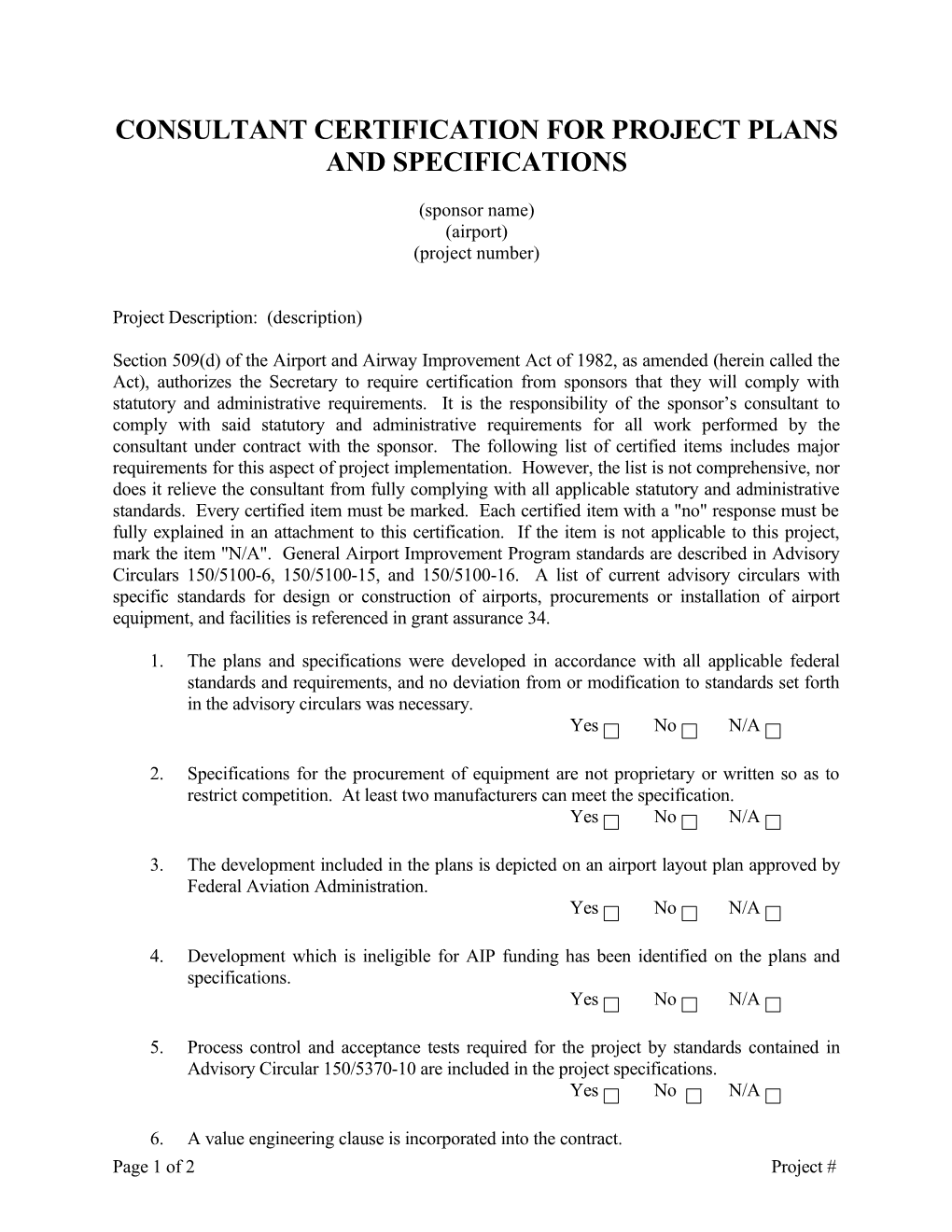 318A Consultant Cert for Plans & Specifications (Federal Aid)