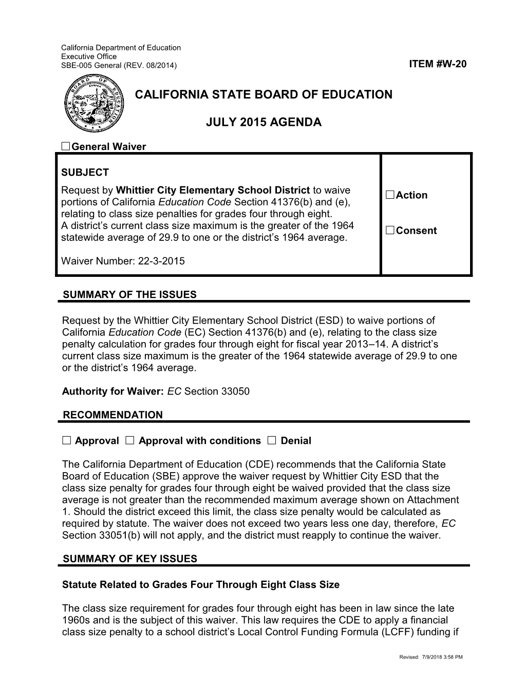 July 2015 Waiver Item W-20 - Meeting Agendas (CA State Board of Education)