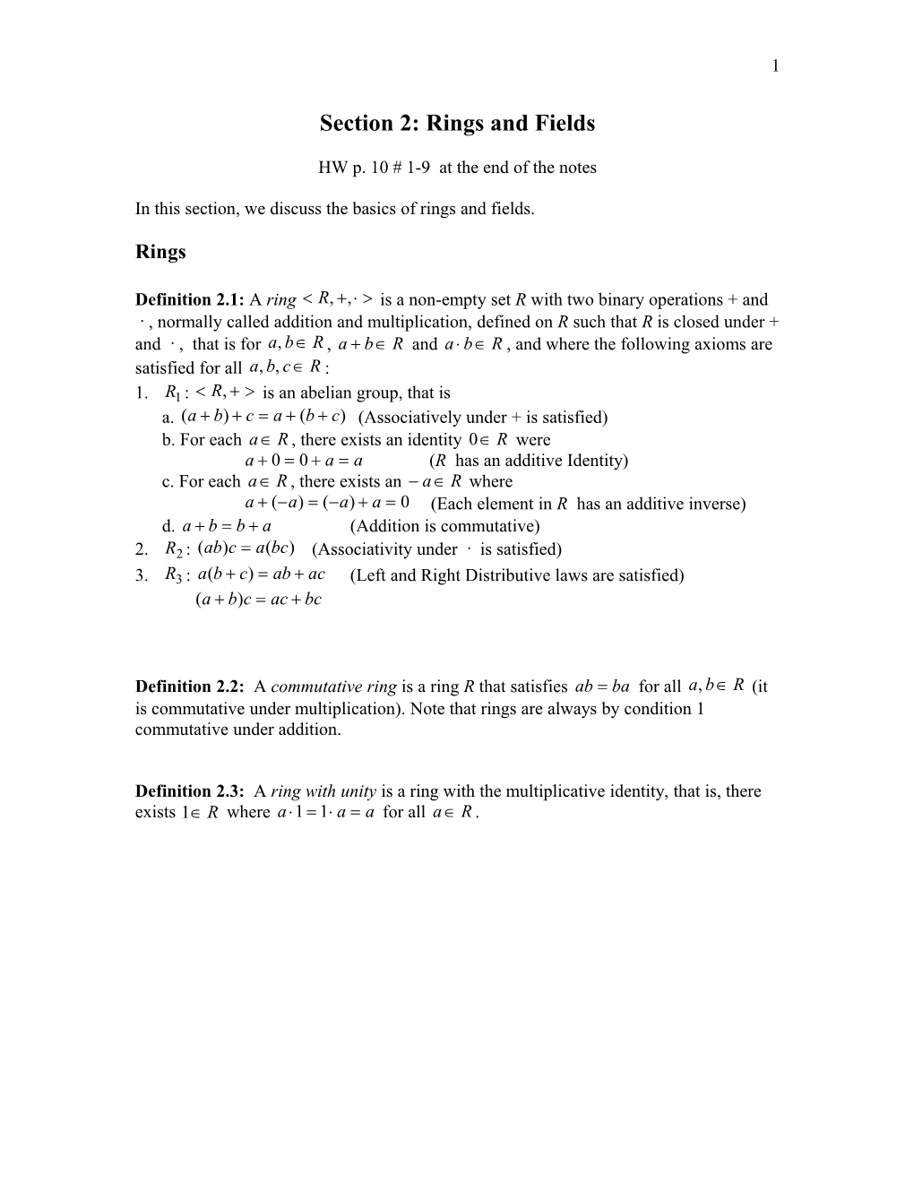 Section 1: Rings and Fields