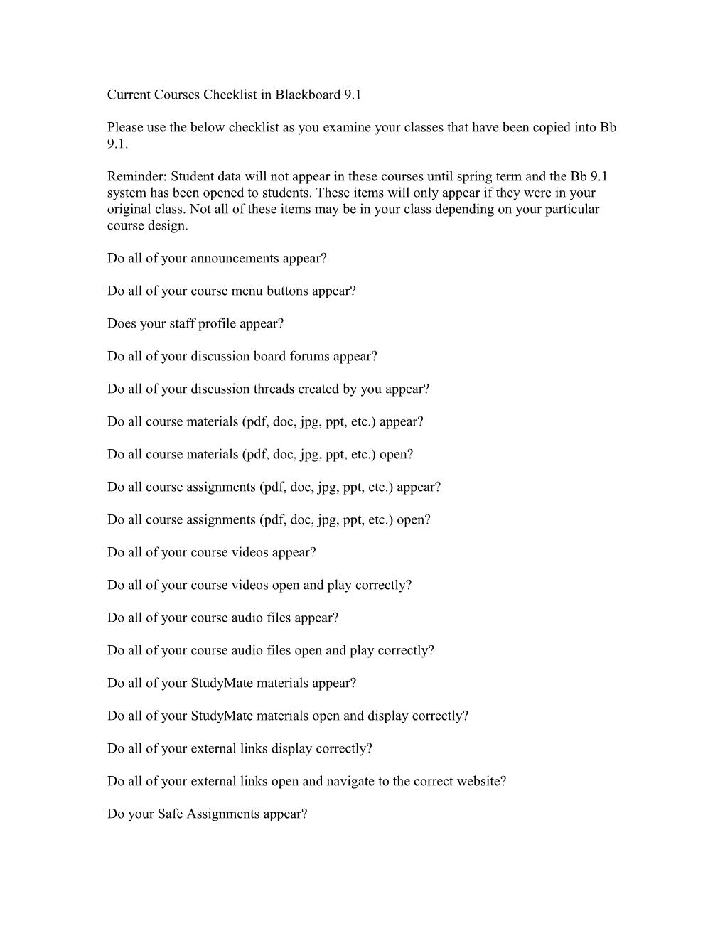Current Courses Checklist in Blackboard 9