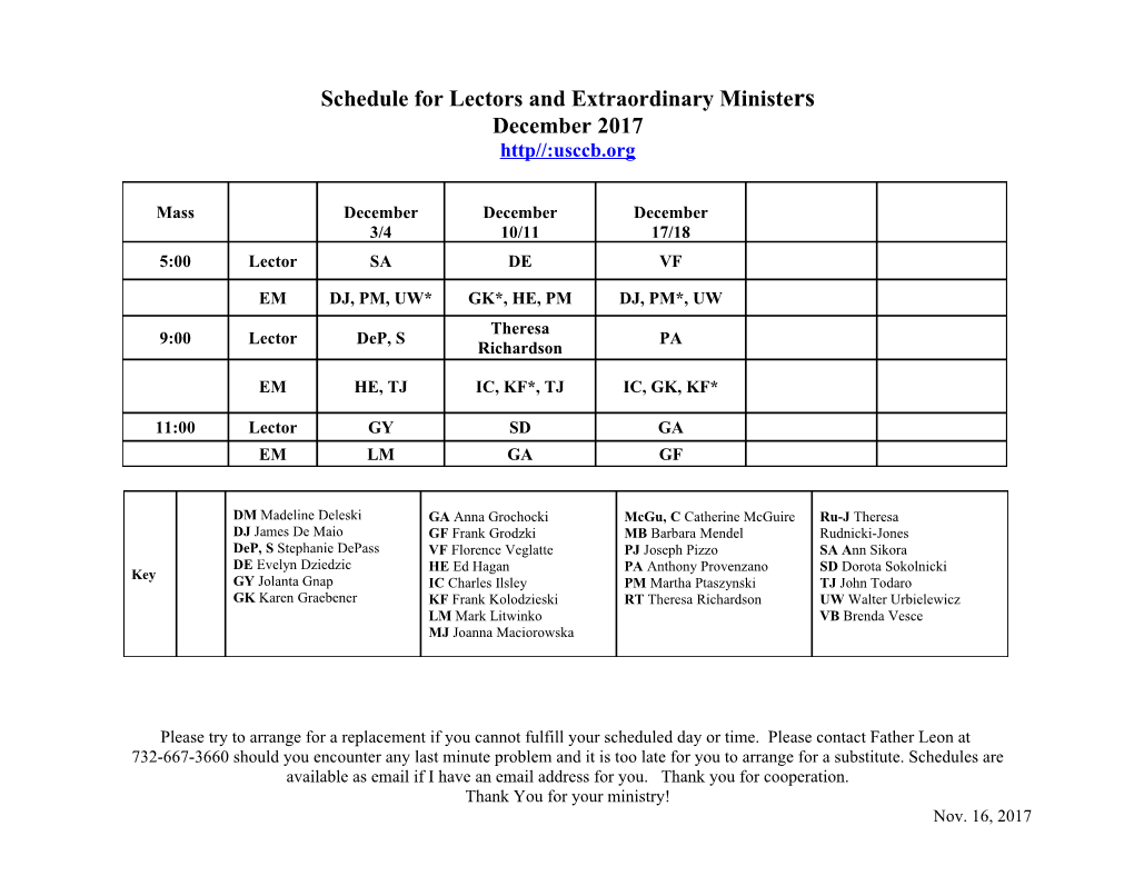 Schedule for Lectors and Extraordinary Ministers